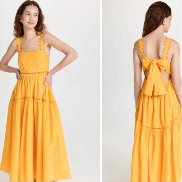 Farm Rio Yellow 3D Flowers Cotton Maxi Dress Crochet Embroidery Size M - Picture 6 of 13